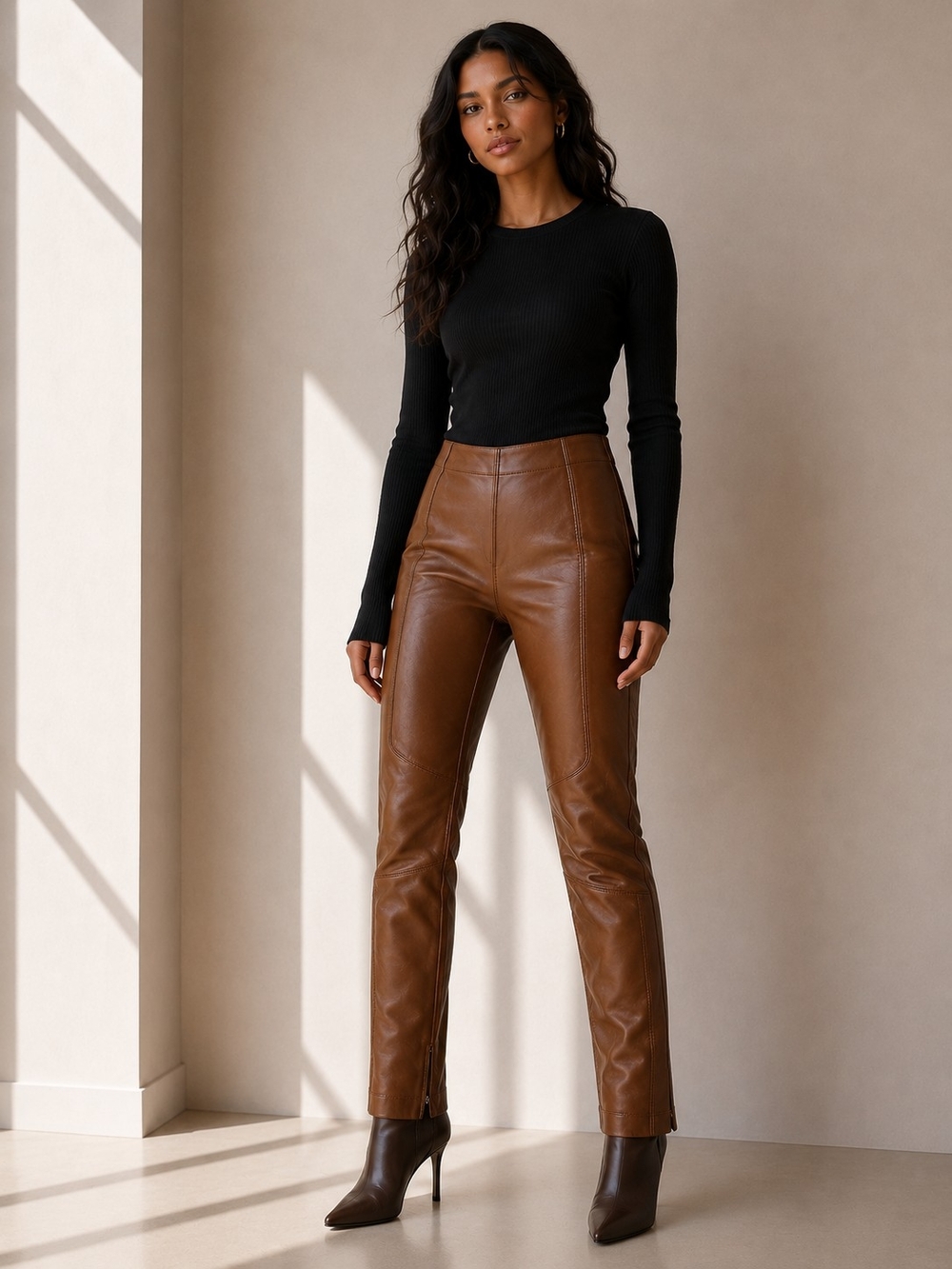 Belstaff Brown Leather Straight-Leg Pants